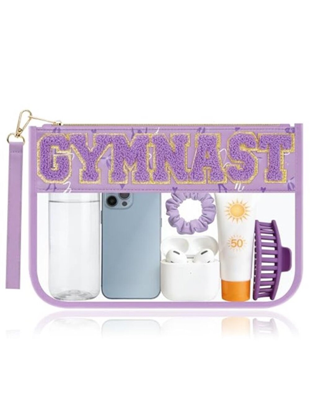 Clear PVC Gymnastics Makeup Bag Chenille Letter Travel Pouch Waterproof